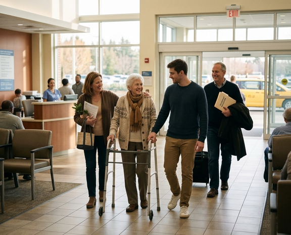 Senior patient leaving the hospital with family support.